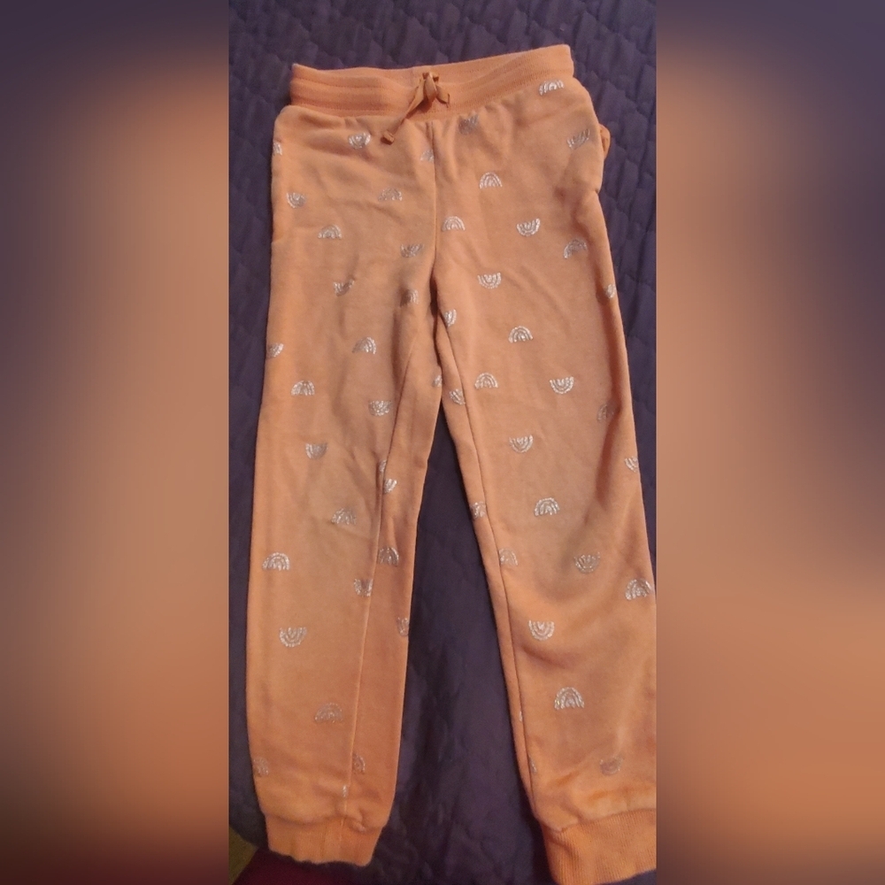 H&M-Used-Kids Peach Joggerswith Silver Rainbow Print.